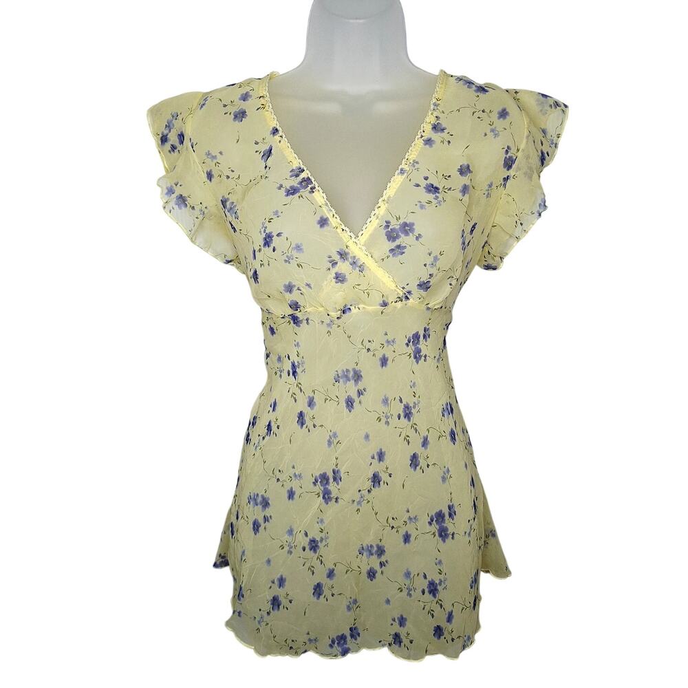 Vintage Y2K rue21 Babydoll Top Sheer Fairy Butter Yellow Floral Dainty Boho